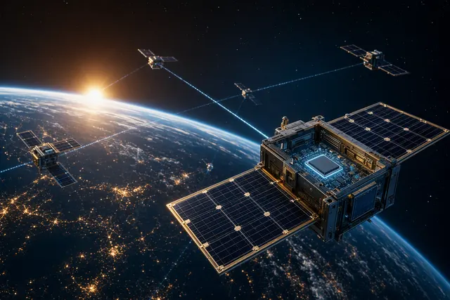 AI-generated illustration representing a satellite-based AI computing experiment in orbit