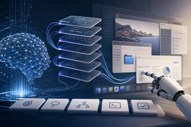 Editorial illustration representing an AI computer-use agent operating desktop applications