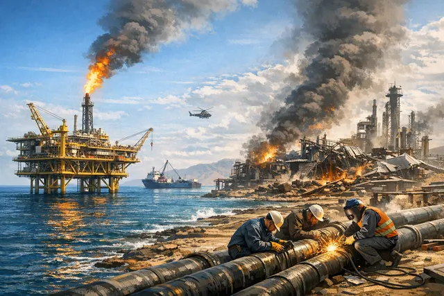 Offshore gas platform at South Pars field with industrial infrastructure and Persian Gulf waters under an overcast sky, symbolizing energy recovery after the 2026 conflict.