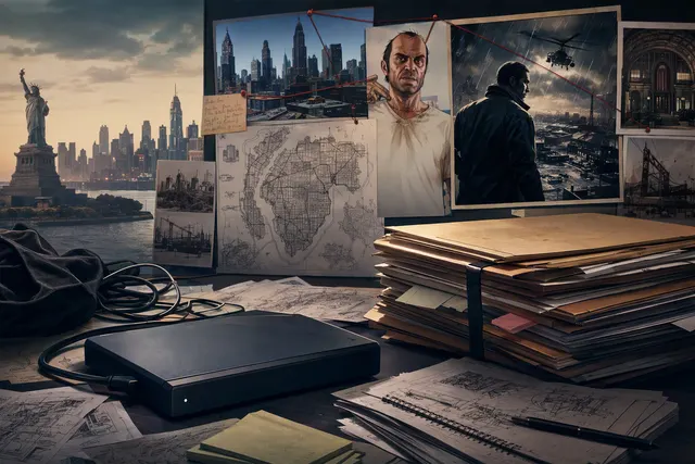 Illustration representing reported Rockstar Games development files connected to canceled GTA V expansions