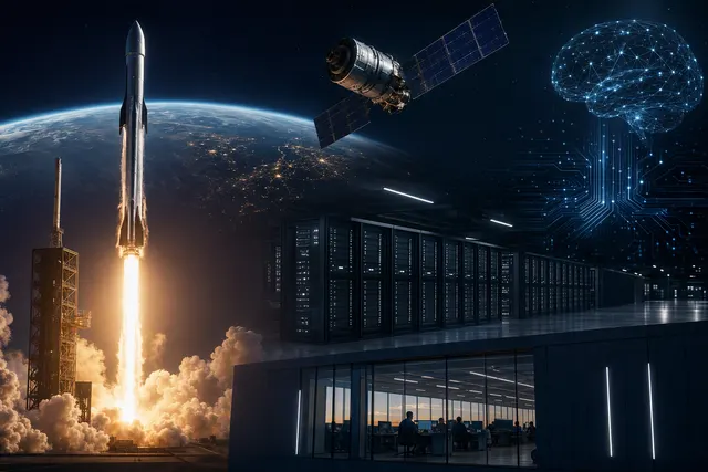 AI-generated editorial illustration accompanying coverage of SpaceX’s third-quarter 2026 earnings.