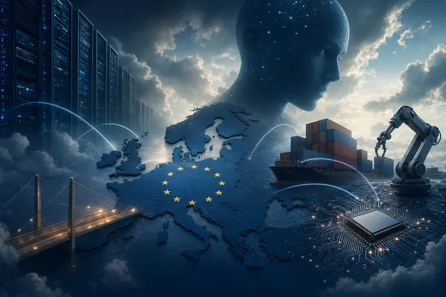 Editorial illustration representing Europe’s AI infrastructure and technological sovereignty debate