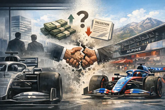 Alpine Formula 1 car and Mercedes garage side-by-side with a broken deal concept
