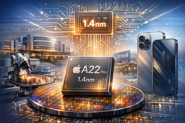 Conceptual image of Apple's 1.4nm A22 Pro chip design, showing an advanced semiconductor blueprint with glowing orange traces on a dark background, symbolizing the 2028 iPhone proc