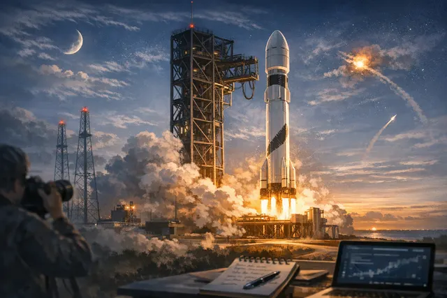 An AI-generated editorial image depicting Blue Origin's New Glenn rocket exploding in a massive fireball on a launch pad at night, with the Florida coast in the background.
