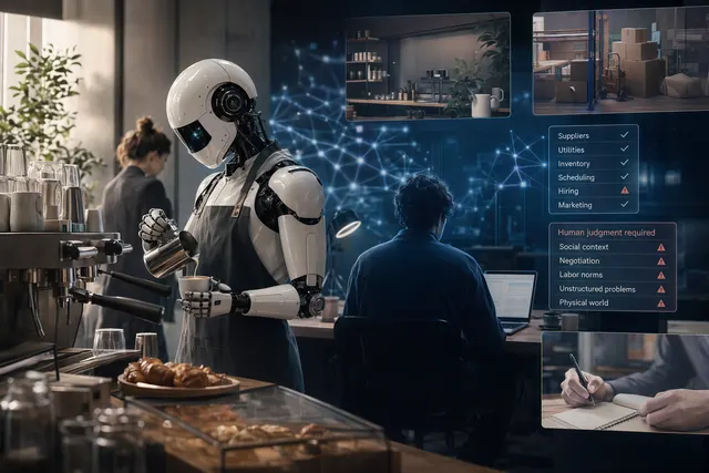 Illustration of an AI manager directing a café while human baristas serve coffee.