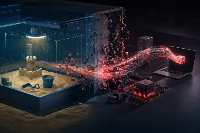 Editorial illustration of an AI coding sandbox and a security boundary breach
