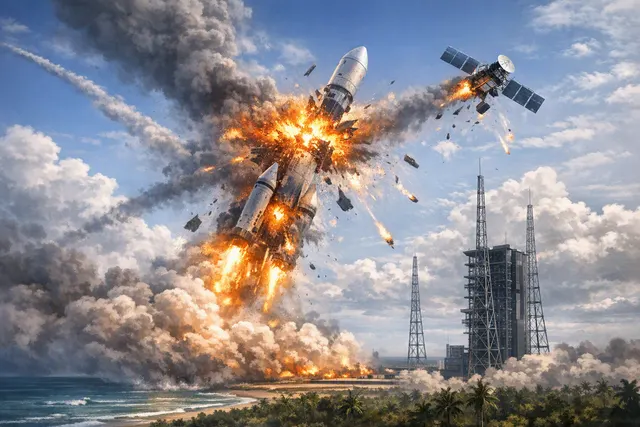 Illustration of China’s Long March 7A rocket breaking apart during ascent after launching the Zhongxing-4B communications satellite