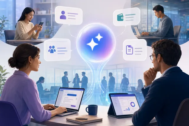 Illustration of Workday Sana Self-Service Agent working inside Microsoft 365 Copilot for HR and finance tasks