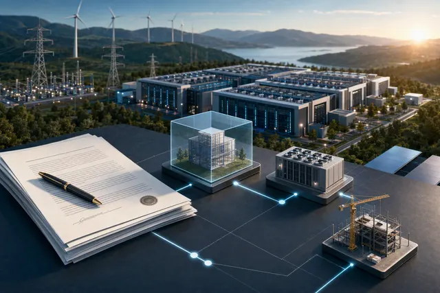 Illustration of AI data-center financing, with servers, power infrastructure and financial documents