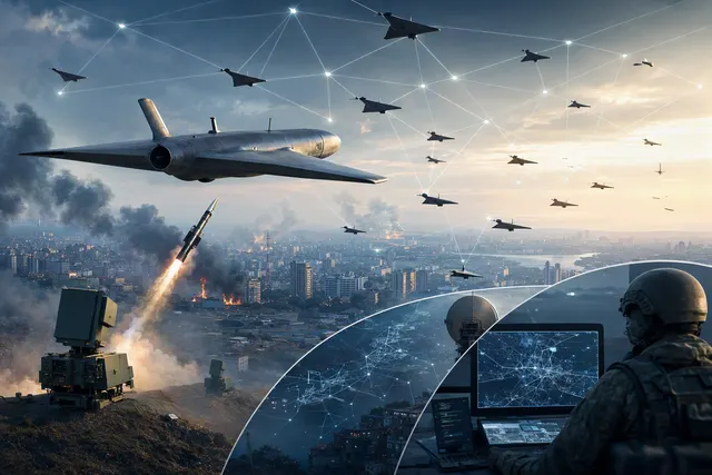 AI-generated editorial illustration for an article about Russian long-range drones and Ukraine’s air defenses