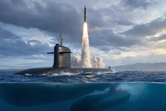 AI-generated illustration for an article about France’s M51.3 submarine launch; not a documentary image of the test.