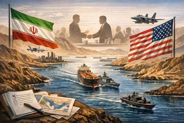 A ship navigating through the narrow Strait of Hormuz under a dramatic sunset, with oil tankers and military vessels visible in the distance.