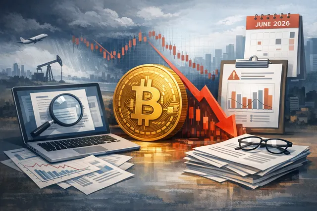 Bitcoin price chart showing a sharp decline below $64,000 with overlays of Federal Reserve dot plot, ETF outflow data, and Strategy's Bitcoin holdings.