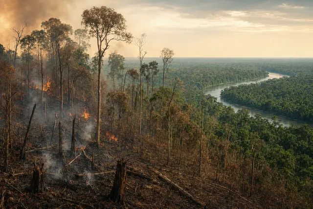 Amazon rainforest with fire-scarred and drought-stressed trees illustrating forest degradation