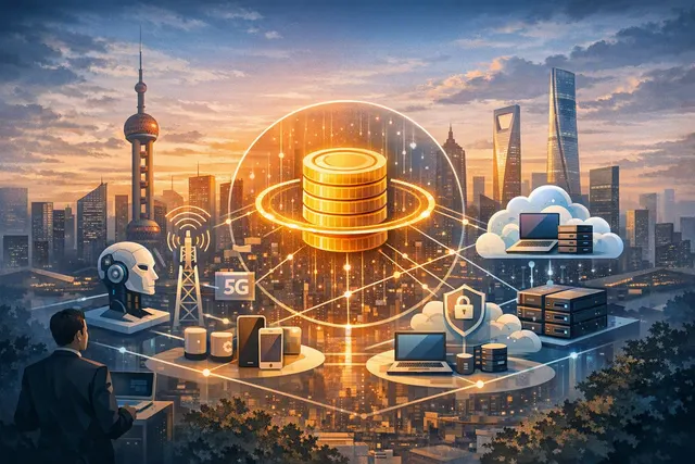 Illustration of China Mobile’s AI Token packages connecting telecom networks, cloud computing, and multiple AI models