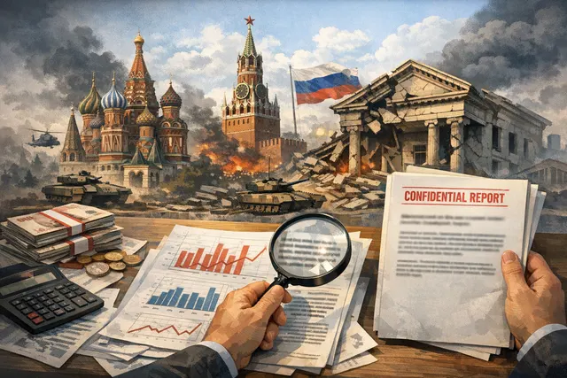 Abstract visual of a Russian ruble coin and banknotes with a downward trend graph, representing the threatened banking crisis.