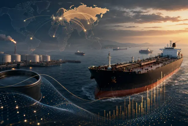 Editorial illustration of oil tankers and crude-export infrastructure amid rising global oil prices