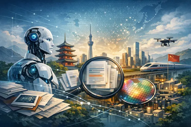 Conceptual illustration of global AI landscape with map, coding elements, and cybersecurity symbols