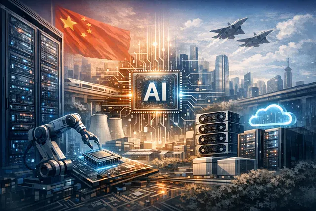 Editorial illustration of Alibaba and Tencent competing to build AI data-centre and computing infrastructure in China