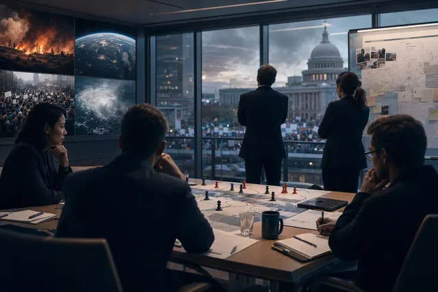 AI-generated editorial illustration representing companies planning for a possible AI-related crisis