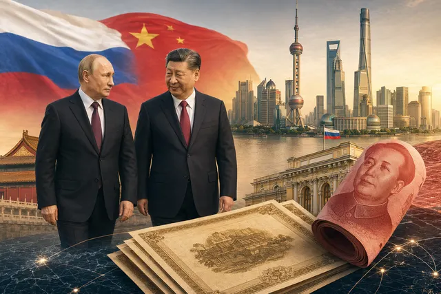 Illustration of Russia issuing yuan‑denominated bonds reflecting financial ties with China