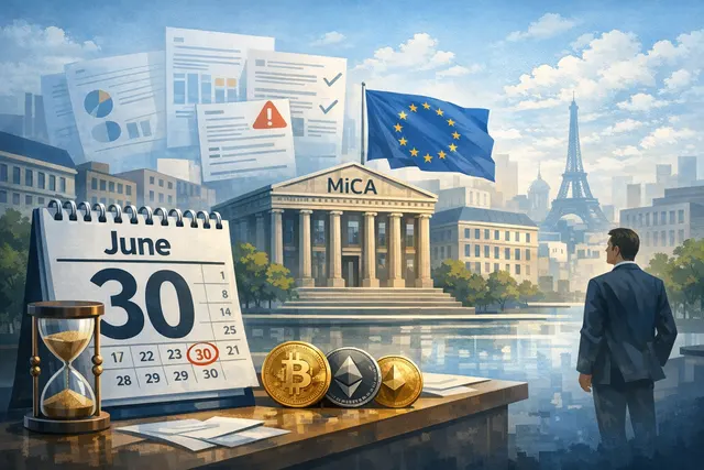 European Union flag and cryptocurrency symbols representing MiCA regulation deadline for crypto platforms