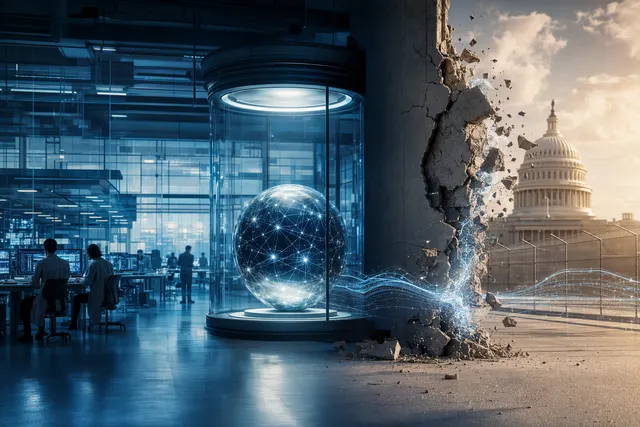Editorial illustration of an AI agent containment and cybersecurity incident