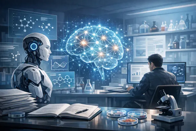 Abstract editorial illustration of an AI research agent coordinating scientific experiments and code
