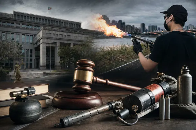 Editorial illustration representing the Sun An‑tso flamethrower investigation in Taiwan