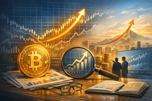 Editorial illustration of Bitcoin rising toward a market rally as institutional investors and Federal Reserve policy shape the outlook