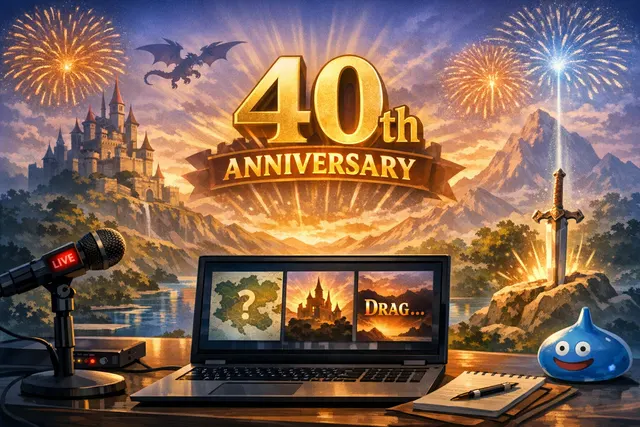 Concept art for Dragon Quest 40th anniversary announcements: Dragon Quest XII Beyond Dreams logo, Dragon Quest XI S on Switch 2, and Dragon Quest Monsters The Withered World teaser
