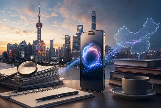 Editorial illustration for the reported Apple Intelligence launch in China, showing an iPhone and abstract AI imagery