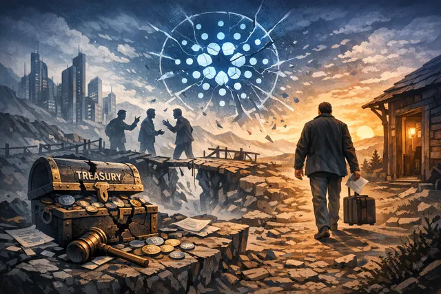 An abstract visualization of the Cardano blockchain governance crisis showing fractured network nodes and declining price charts in dark red tones