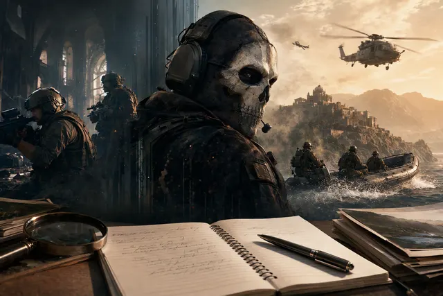 AI-generated editorial illustration accompanying an article about early Modern Warfare 4 campaign reviews
