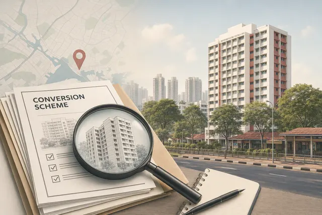 AI-generated editorial illustration about HDB flat conversion and the Telok Blangah resale listing