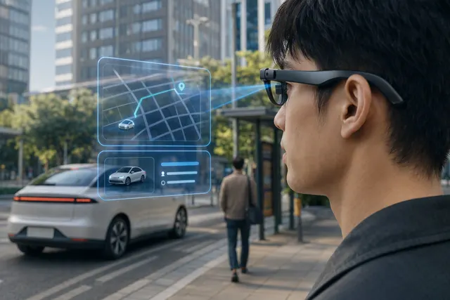 Illustration of AI glasses being used to arrange a ride-hailing trip