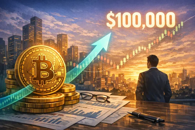 Standard Chartered Bitcoin price target chart showing decline from $300,000 to $100,000 with key downgrade dates and a falling Bitcoin price line.