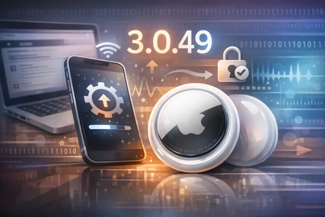 Close-up of an Apple AirTag with a visual representation of a firmware update signal.