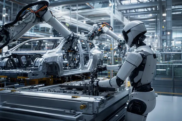 AI-generated illustration of robotic automation in a modern vehicle manufacturing factory