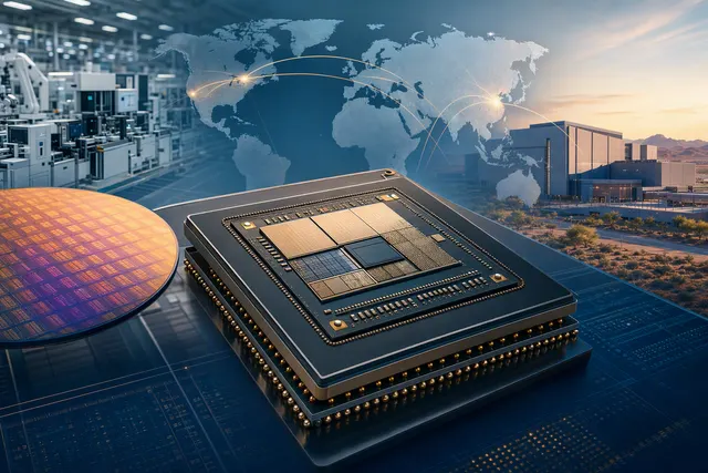 Illustration of advanced AI-chip packaging with silicon dies and high-bandwidth memory connected on a substrate