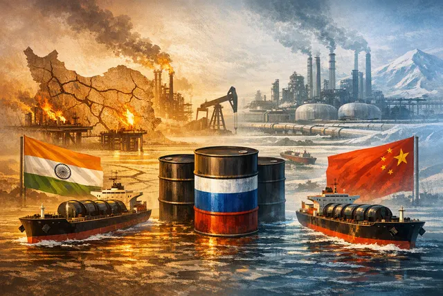 Oil tankers and crude trade routes representing China and India competing for Russian oil after Iran’s exports decline