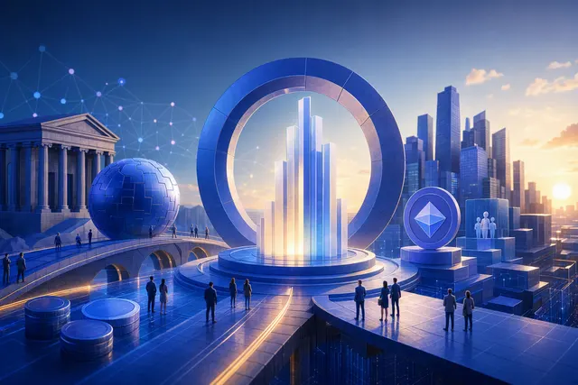 Conceptual editorial illustration for Coinbase’s onchain capital-formation plans