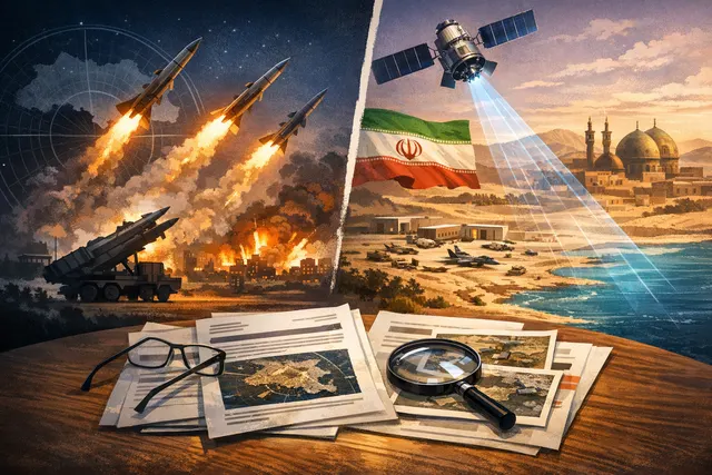 Editorial illustration of Ukrainian President Volodymyr Zelenskyy delivering an evening address with a map and missile warning in the background