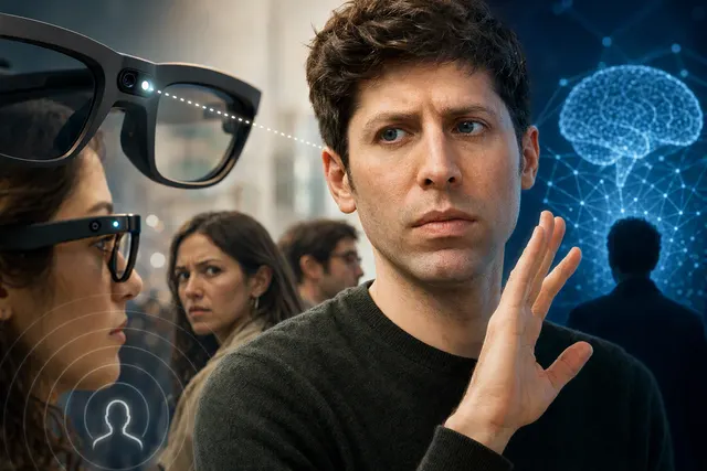 Editorial illustration of AI hardware, smart glasses, and data-center infrastructure