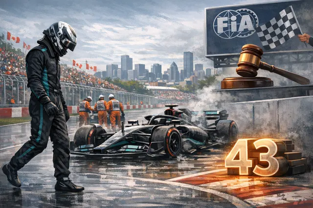 George Russell standing beside his Mercedes F1 car on the Circuit Gilles Villeneuve, visibly frustrated after his Canadian Grand Prix retirement, with a dramatic skyline in the bac