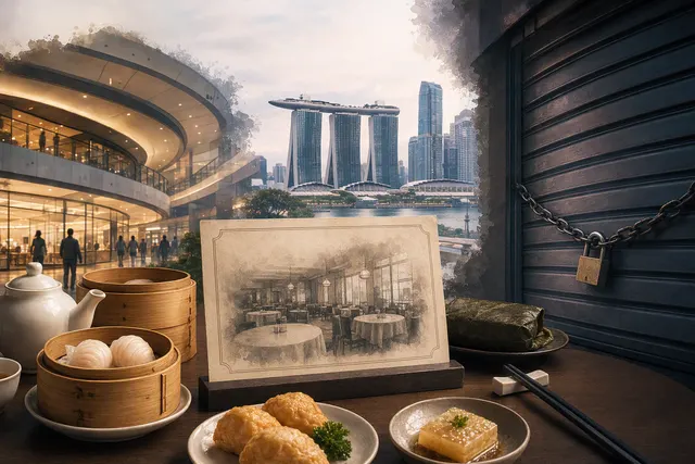 AI-generated editorial illustration accompanying a report on Crystal Jade outlet closures in Singapore