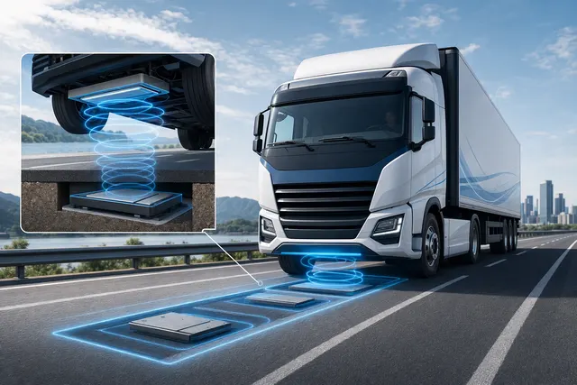 Illustration of an electric vehicle and truck receiving power from wireless charging equipment embedded in a road