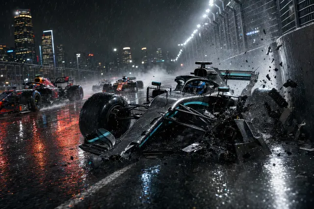 AI-generated editorial illustration accompanying coverage of George Russell’s Singapore sprint crash