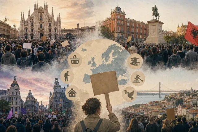 AI-generated illustration representing protests in European cities.